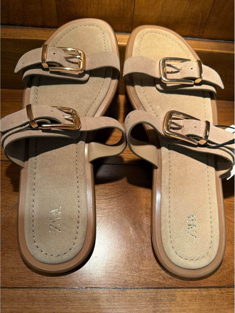 New Zara Beige Suede Buckled Slide Sandals Women's Size 9 - Picture 2 of 9
